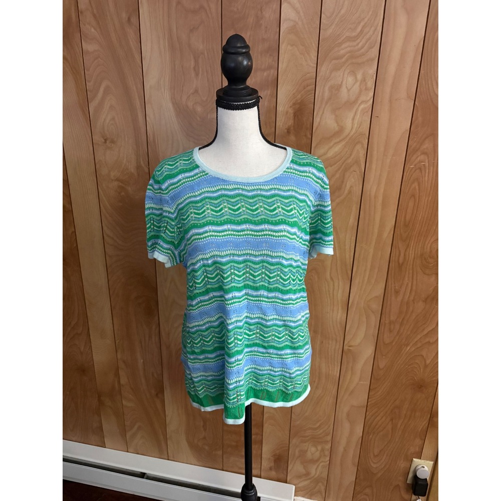 Talbots Womens Medium Green Blue Chevron Pointelle Knit Cotton Sweater Top